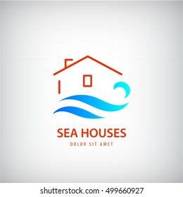 Vector house logo with blue wave. Rent house near sea. holidays, beach sign. Line building and water logotype