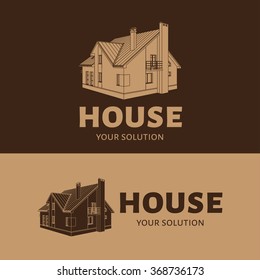 Vector house logo. House shaped logo view 3D. Brown and beige style