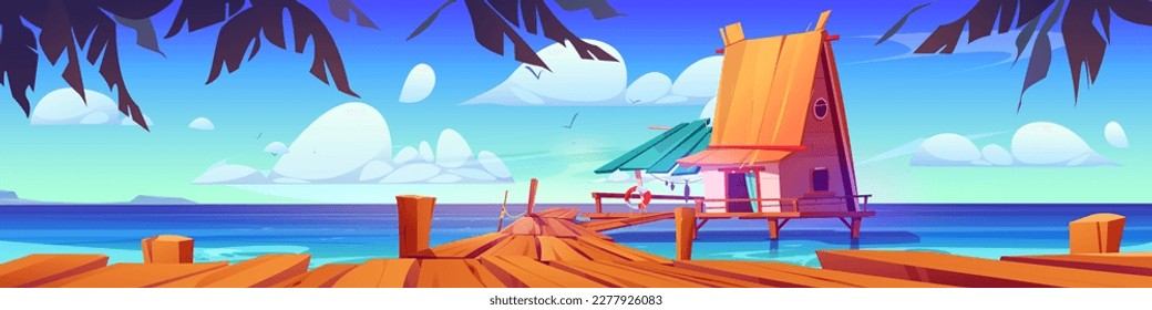 Casa vectorial sobre pilotes de mar tropical. Cabaña de madera con fondo privado de dibujos animados con hojas de palmera. Paraíso en pequeñas vacaciones en bungalows hawaianos. El cielo de verano y la escena de las vistas al océano rocoso.