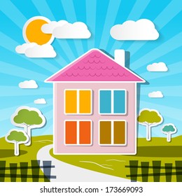 Vector House on Sunny Day with Trees and Clouds