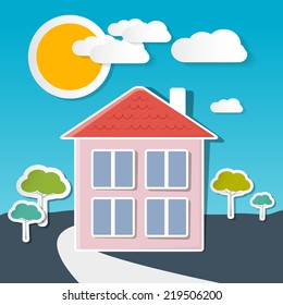 Vector House on Sunny Day with Trees and Clouds