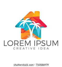 Vector house and palm tree logo. Beach house logo design.