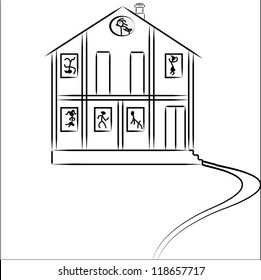 vector house with people and cat on white background