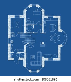 Vector house plan in blue and white with furniture