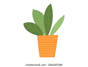 Vector house plant in orange pot in flat style, green leaves, stylish minimalistic interior decoration