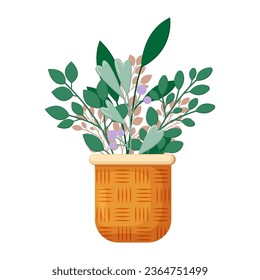 Plantas vectoriales en maceta de flores aisladas en fondo blanco. Plantas vectoriales de estilo plano, de pie en una olla de mimbre