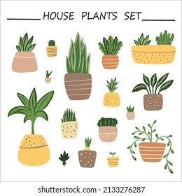 Vector  house plants illustration, flowers in pot, green plants, urban jungle. House plants colored illustration, home decoration and interior design elements.
