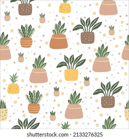 Vector  house plants pattern, seamless pattern with flowers in pot, green plants, urban jungle. 
