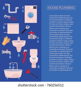 vector house plumbing poster with plumbing tools, space for text. Bath tube, sink, washing machine, toilet bowl. Gloves, adjustable, pipe monkey wrench, water valve, plunger illustration