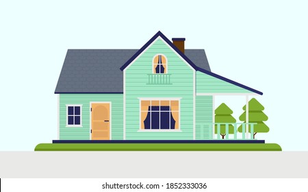 Vector House With Porch - Front View Of A Green Suburban Residence Home With Garden. Vector Illustration.