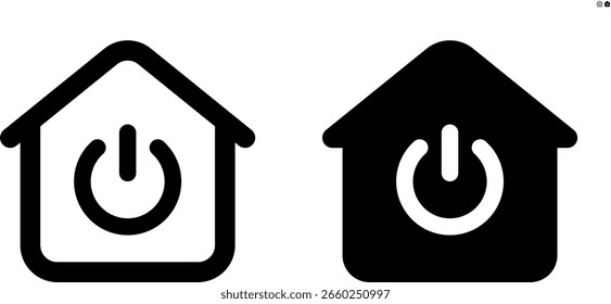 Vector house with power switch icon in outline and solid styles for UI and web design, 48px, 10% margin