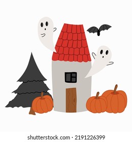 Vector house with pumpkins and a haunted Christmas tree and a silhouette of a bat. Cute Halloween greeting card. Cartoon illustration.
