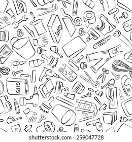 Vector House Remodel Seamless Pattern. White hand drawn by brush sketches on the dark background for Your business