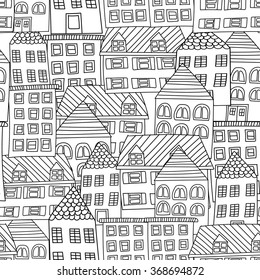 Vector house seamless pattern. detailed doodle houses illustrations. Hand drawn background.