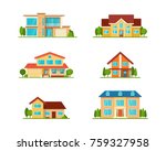 Vector House. Set of Modern Flat townhouse, cottage home, front view with terrace, roof, isolated on white. Real Estate element collection.