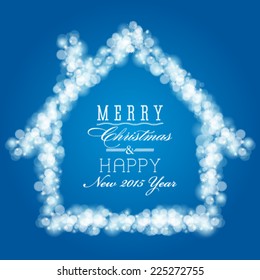 Vector house with snowfall on winter background. Snowflake. Winter template.