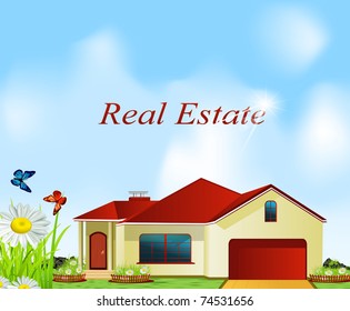 vector house standing in a meadow with beds and chamomile
