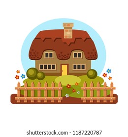Vector house with a thatch, a lawn and a fence in front. Cute yard. Cozy home. Warm village illustration. Summer landscape