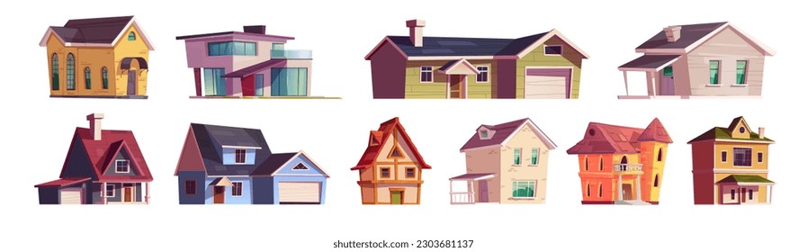 Vector house town building icon illustration set. Village cottage cartoon facade construction with window, terrace and garage. Variety little brick villa architecture isolated on white background