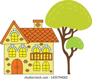 vector house with a tree. Suitable for a background, postcard or print.