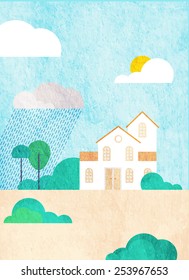 Vector house, trees, rain, sun and blue sky