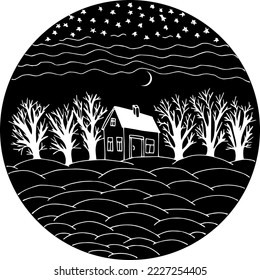 Vector house trees without leaves stars and moon. Home outside the cities. Vacation home.