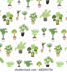  Vector house tropical palm plant pot pattern.