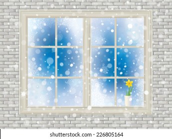 Vector house window with daffodil  flower.