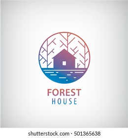 Vector house in the woods logo. Cabin in the forest silhouette logotype, property icon