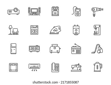 Vector household appliance line icons microwave fridge iron electric household cooking symbol