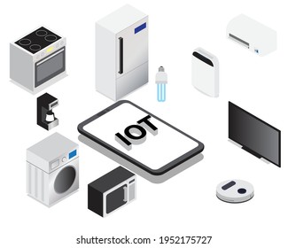 Un vector de electrodomésticos y digitales con la palabra IOT en smartphone para el concepto de internet de cosas