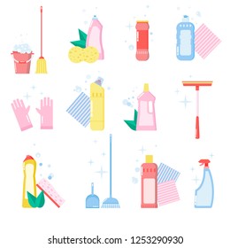 Vector household supplies and cleaning tools, flat icons set on white background 