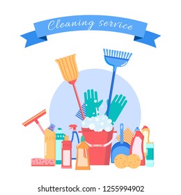 Vector household supplies and cleaning tools (mop, bucket, brush, sponge, gloves, detergent products, foam, wipe, squeegee). Flat icons set on white background for cleaning service
