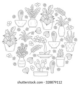 Vector houseplant background in circle shape with hand drawn cartoon objects