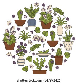 Vector houseplant background in circle shape with hand drawn cartoon objects