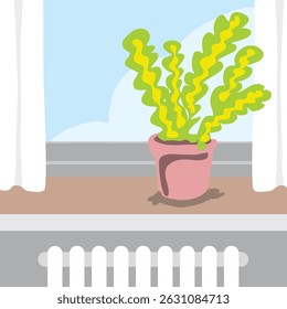 Vector of a houseplant placed near the window in a room, flat colours, minimalist design.