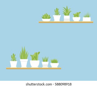 Vector houseplants flat set. Flowers in pots on a blue background. 