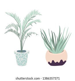 Vector houseplants illustration. Set of two vector flowers. Potted flowers in pastel colors. Vector palm, aloe