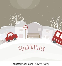vector of Houses, car and snow-covered forests