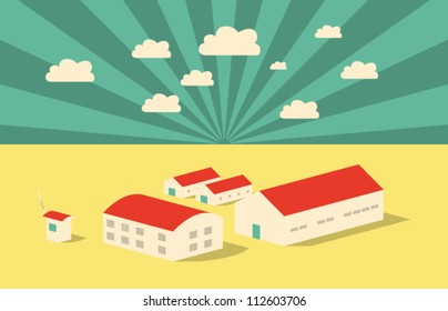 Vector Houses and Clouds Retro Design