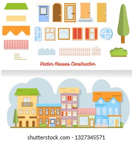 Vector Houses Constructor City street with Houses on  road in town. Flat cartoon style vector illustration.