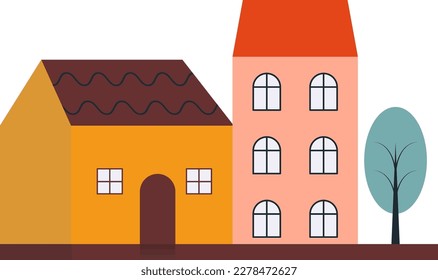 Vector houses in different colors with a tree nearby eps 10. Vector yellow house with two windows and a pink three-story house with six windows and a blossoming tree nearby eps 10
