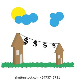 Vector houses with dollar signs. Sunny sky detail. Blue clouds floating. Green grass vector.