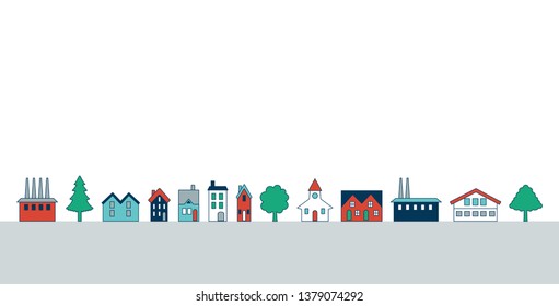 vector houses, factories, and trees on the street