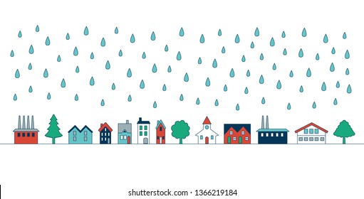 vector houses, factories, and trees in the rain