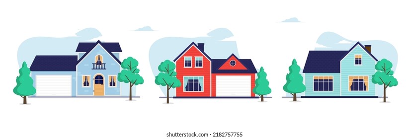 Vector houses flat design - Set of 3 small cozy homes in front view on white background
