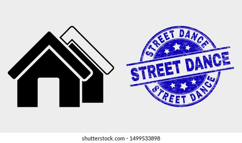 Vector houses icon and Street Dance seal. Red rounded grunge seal with Street Dance caption. Vector combination in flat style. Black isolated houses icon.