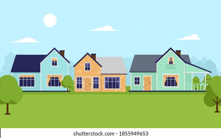 Vector houses with lawn and grass background. Neighbourhood and backyard concept. Vector illustration.