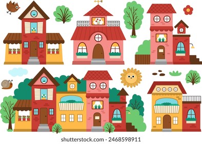 Vector houses set with garden, trees, bushes, bird, snail. Residential building illustration collection. Cute cottages with flowers. Funny little town or city colorful picture
