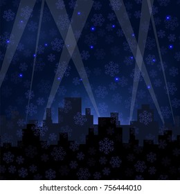 Vector Houses Silhouettes on Winter Night Starry Sky. Snowflakes Background